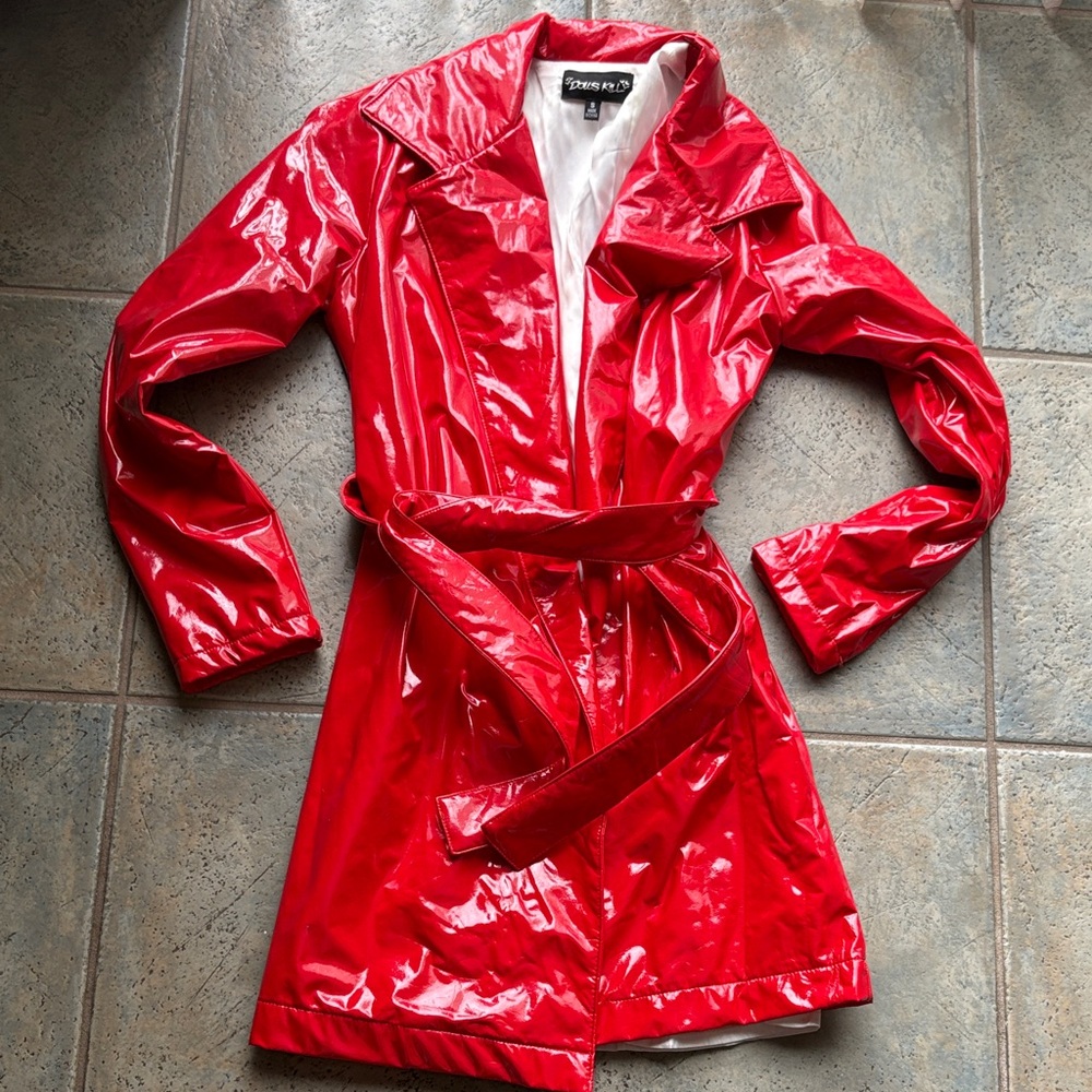 Dolls Kill Red Patten Leather Glossy Red Trench Coat. Size s